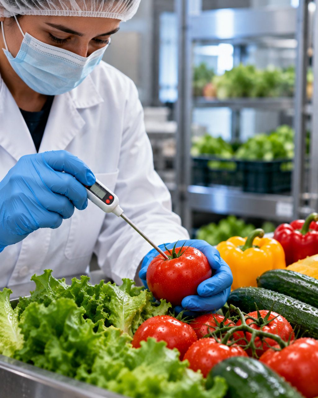 Personal verificando la calidad de alimentos frescos con guantes e instrumento de medición