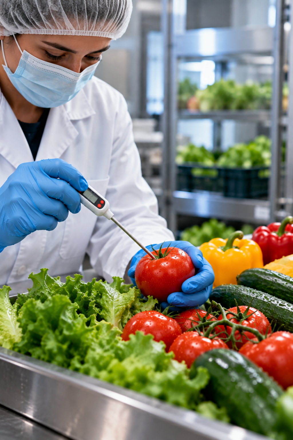 Personal verificando la calidad de alimentos frescos con guantes e instrumento de medición