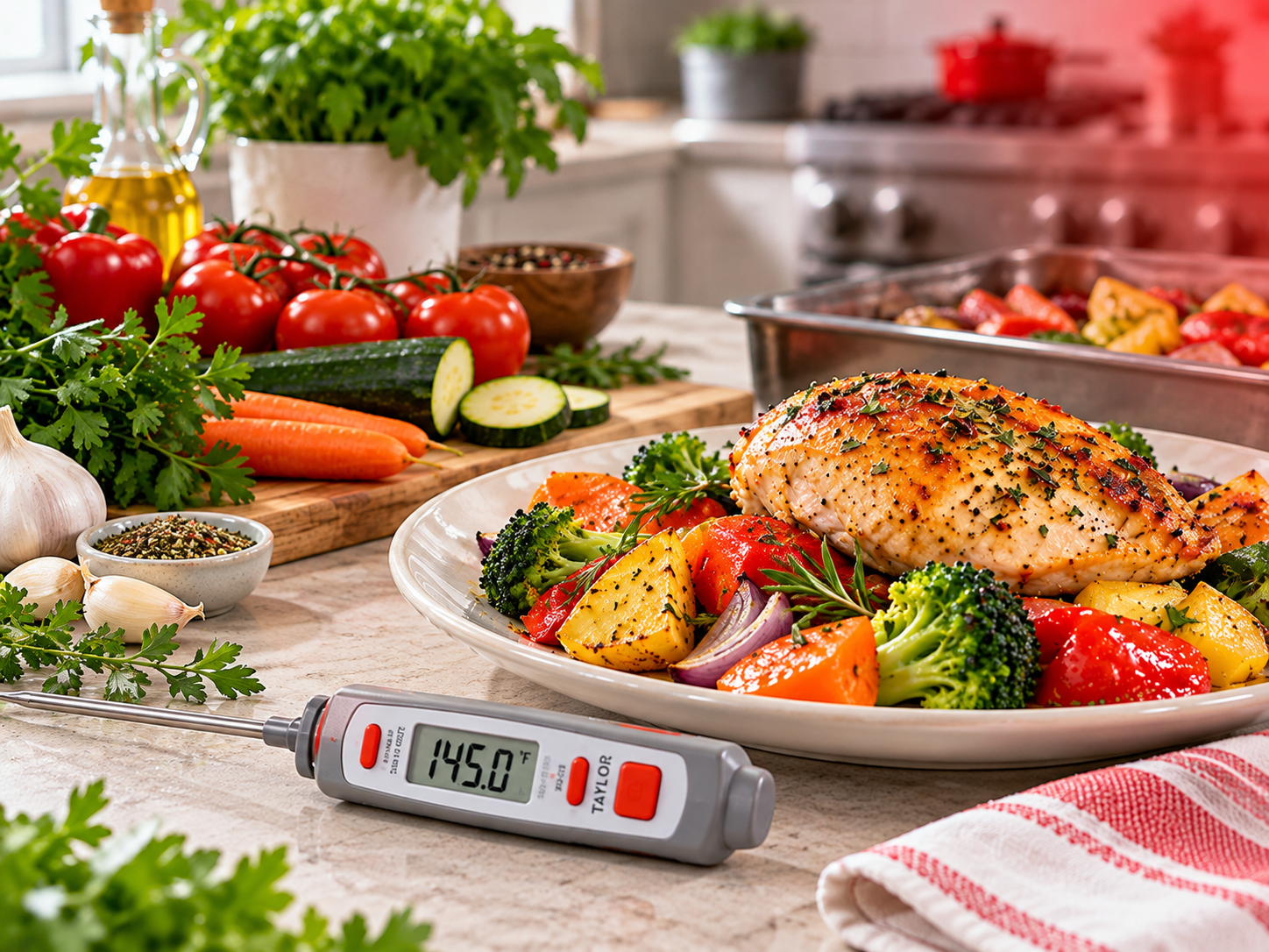 Pollo con verduras acompañado de un termómetro digital para alimentos